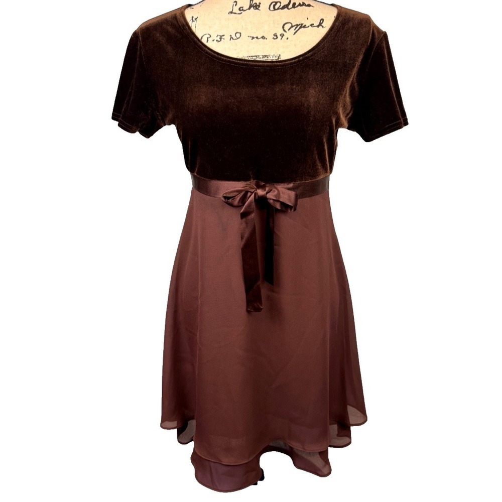 Vtg Y2K Dress Brown Velvet Chiffon Sz 6 Empire Waist Short Sleeve Elegant